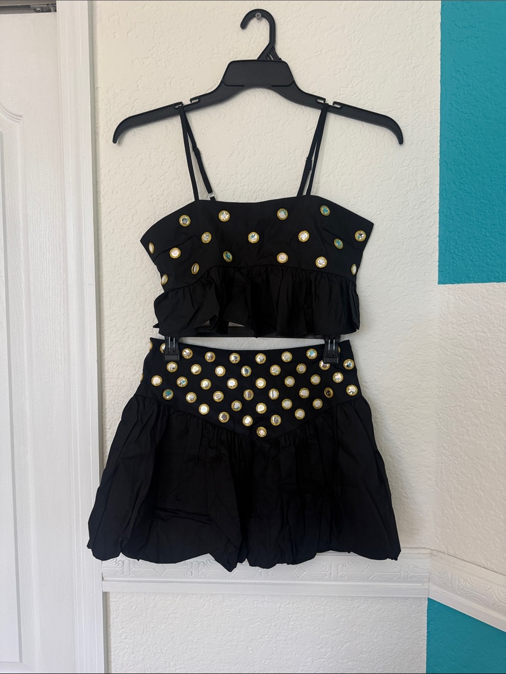 SHEIN Black Two-Piece Skirt Set with Gold Stud Accents